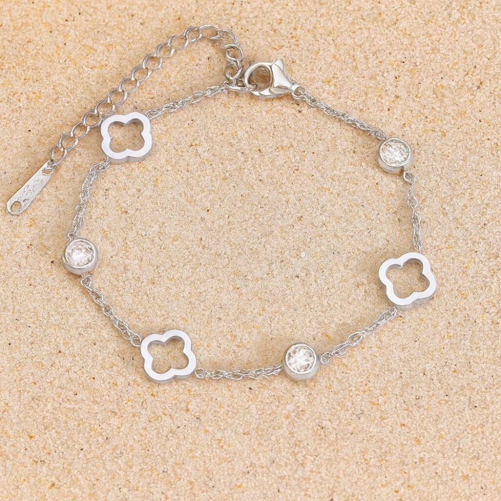 Bracelet argenté & doré trèfle et zircon scintillant