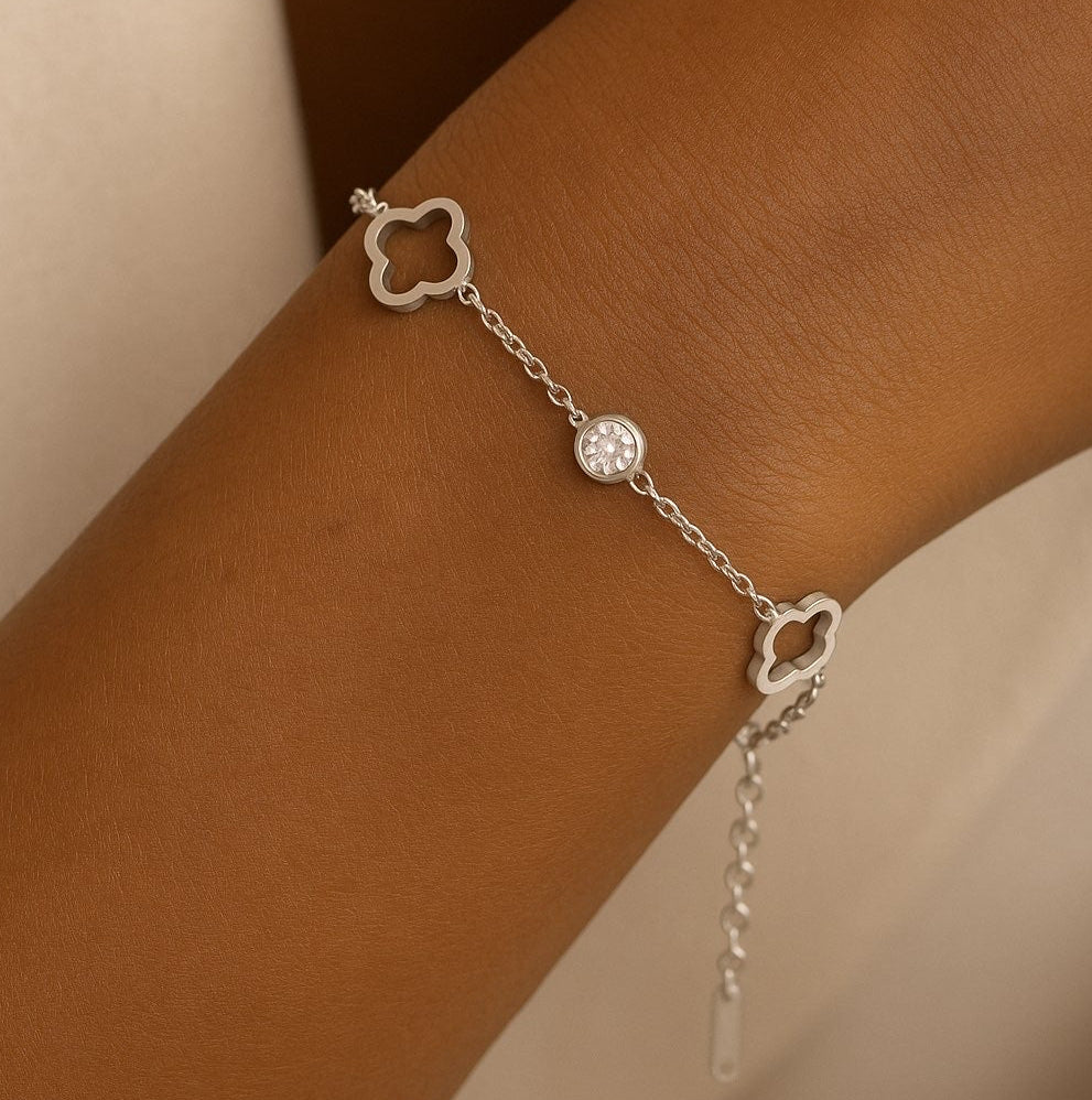 Bracelet argenté & doré trèfle et zircon scintillant